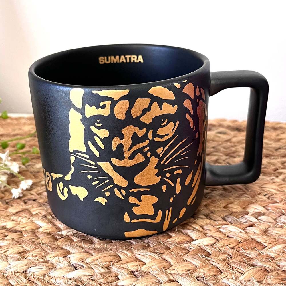 Starbucks 2016 Sumatra Black Ceramic Coffee Mug Gold Tiger Iridescent 14 oz.